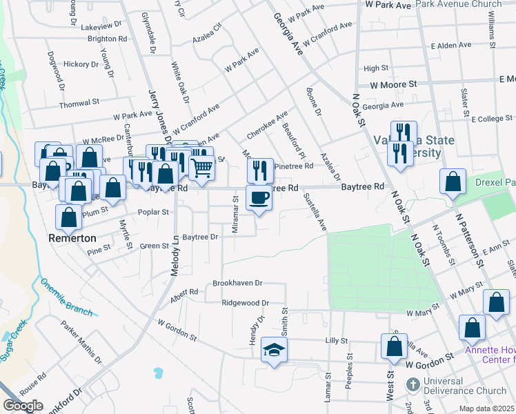 map of restaurants, bars, coffee shops, grocery stores, and more near 1403 Baytree Drive in Valdosta