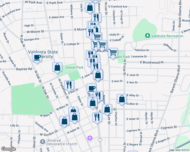 map of restaurants, bars, coffee shops, grocery stores, and more near 402 Laforrest St in Valdosta