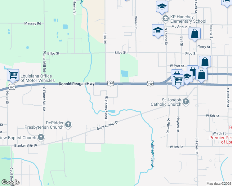 map of restaurants, bars, coffee shops, grocery stores, and more near 108 Azalea Avenue in DeRidder