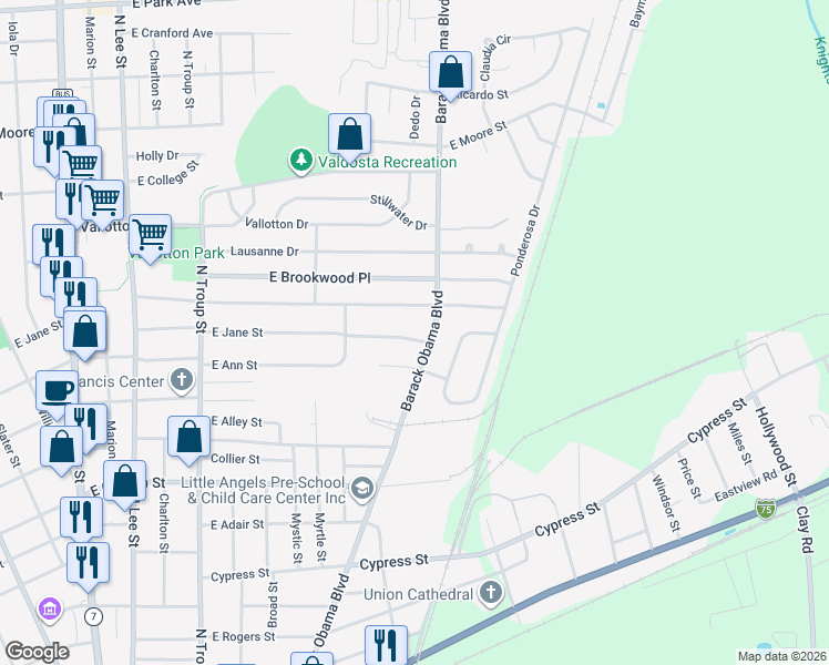 map of restaurants, bars, coffee shops, grocery stores, and more near in Valdosta