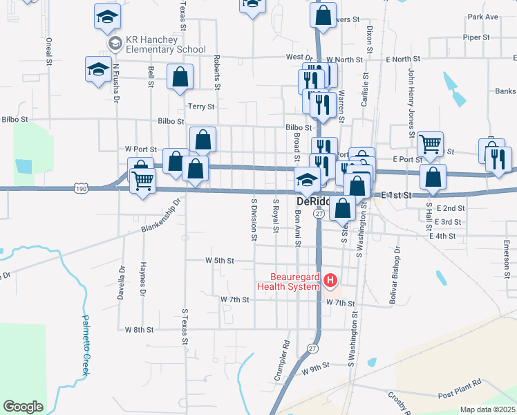 map of restaurants, bars, coffee shops, grocery stores, and more near 110 South Division Street in DeRidder