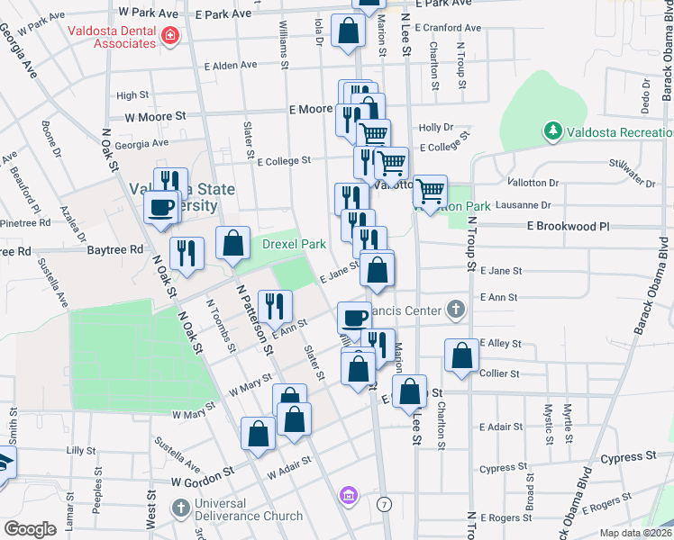 map of restaurants, bars, coffee shops, grocery stores, and more near 402 East Jane Street in Valdosta