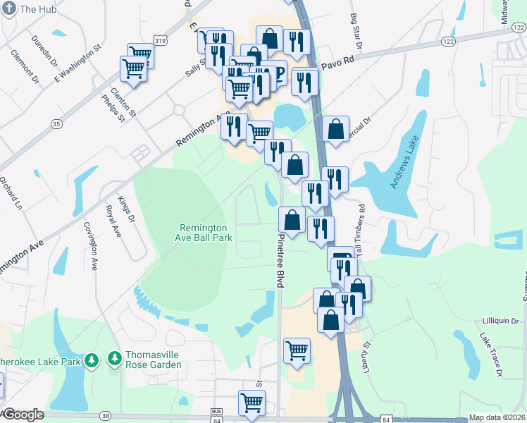 map of restaurants, bars, coffee shops, grocery stores, and more near 104 Lake View Drive in Thomasville
