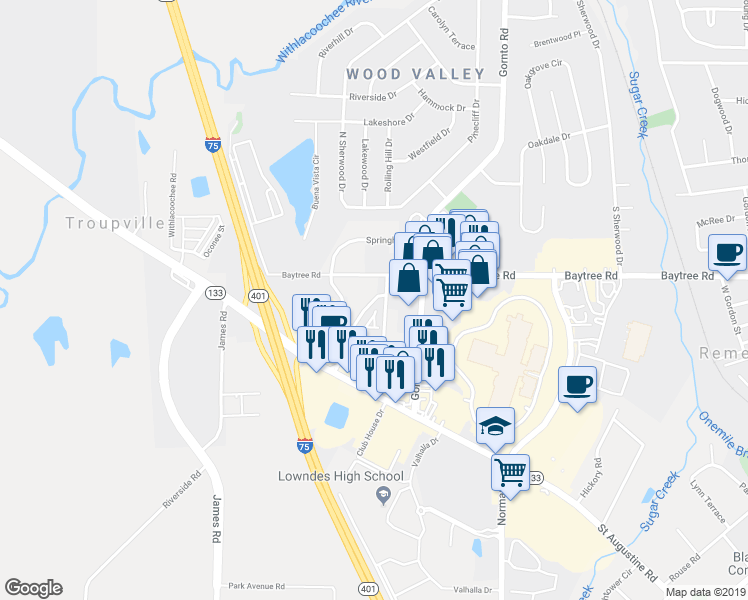 map of restaurants, bars, coffee shops, grocery stores, and more near 712 Spring Hill Place in Valdosta