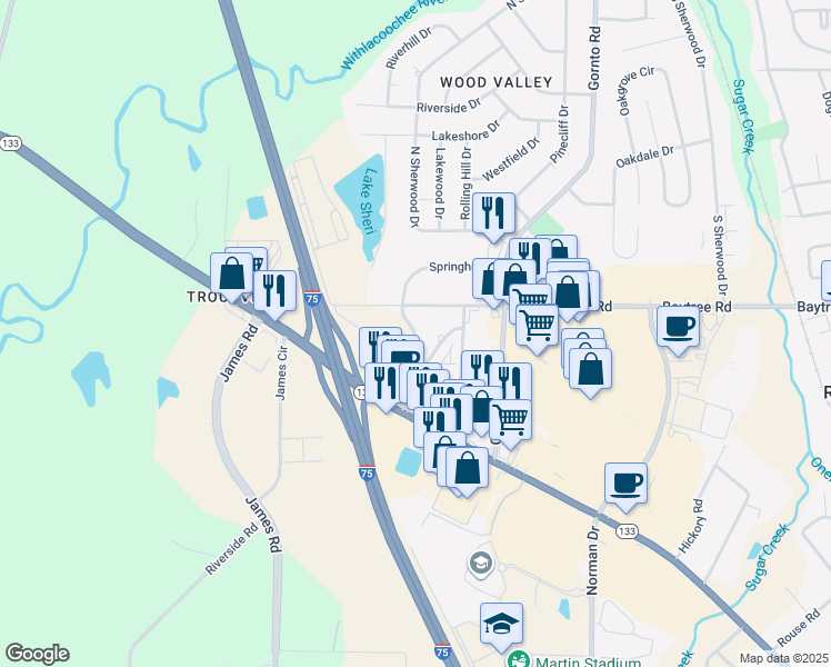 map of restaurants, bars, coffee shops, grocery stores, and more near 1700 Twin Street in Valdosta