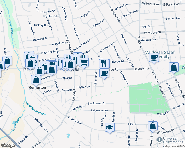 map of restaurants, bars, coffee shops, grocery stores, and more near 804 Ridgeway Drive in Valdosta