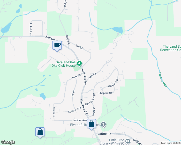 map of restaurants, bars, coffee shops, grocery stores, and more near 7475-7503 Pake Road in Saraland