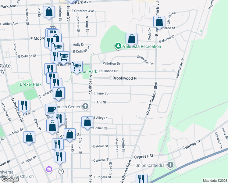 map of restaurants, bars, coffee shops, grocery stores, and more near 722 East Jane Street in Valdosta