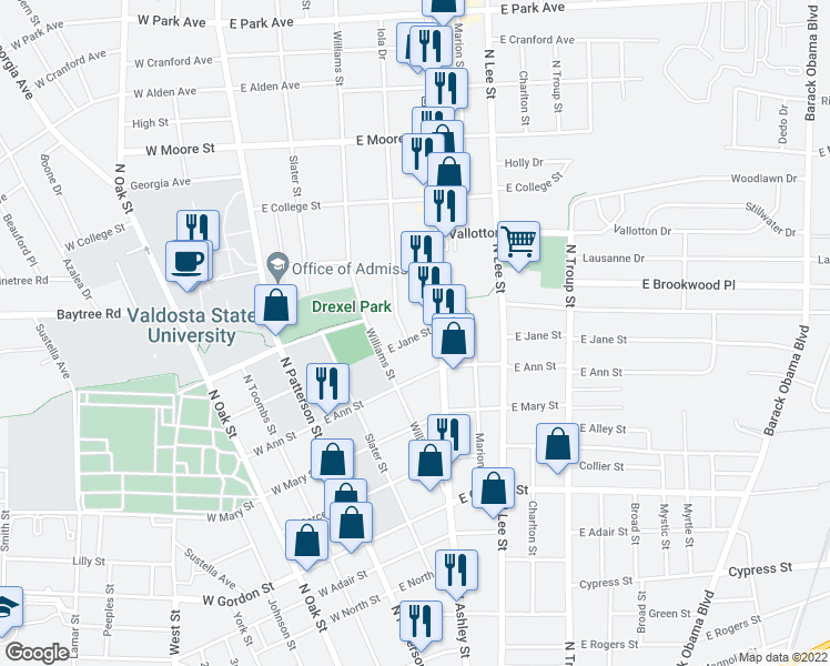 map of restaurants, bars, coffee shops, grocery stores, and more near 402 East Jane Street in Valdosta