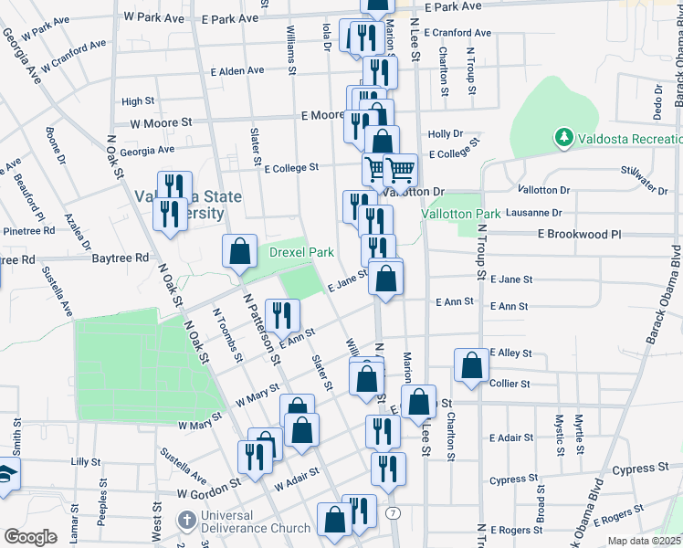 map of restaurants, bars, coffee shops, grocery stores, and more near 402 East Jane Street in Valdosta