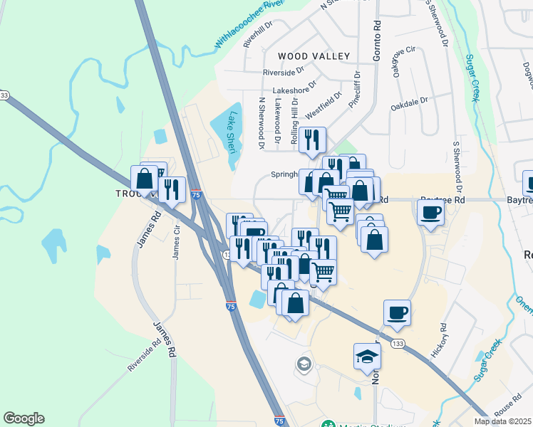 map of restaurants, bars, coffee shops, grocery stores, and more near 1700 Twin Street in Valdosta