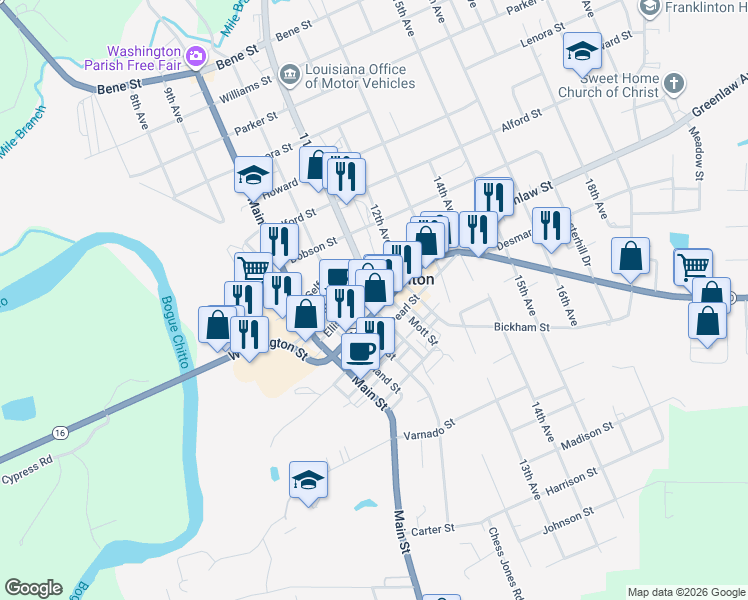 map of restaurants, bars, coffee shops, grocery stores, and more near 985 Washington Street in Franklinton