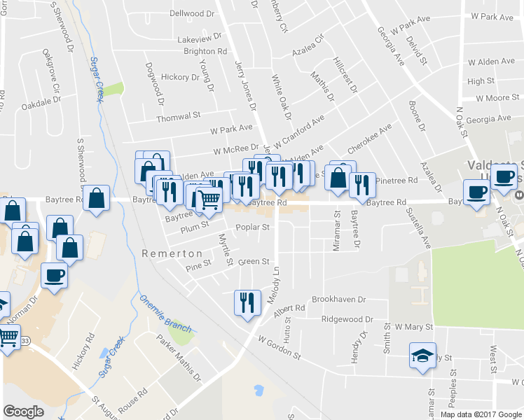 map of restaurants, bars, coffee shops, grocery stores, and more near 1201 Baytree Road in Valdosta