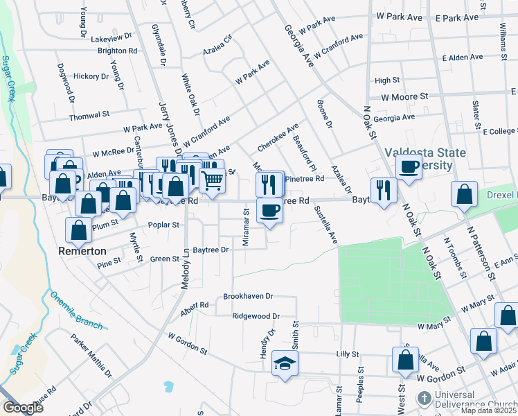 map of restaurants, bars, coffee shops, grocery stores, and more near 701c Baytree Road in Valdosta