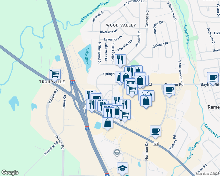 map of restaurants, bars, coffee shops, grocery stores, and more near 712 Spring Hill Place in Valdosta
