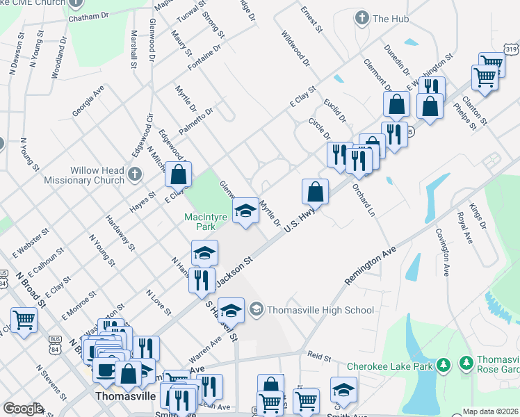 map of restaurants, bars, coffee shops, grocery stores, and more near 111 Myrtle Drive in Thomasville