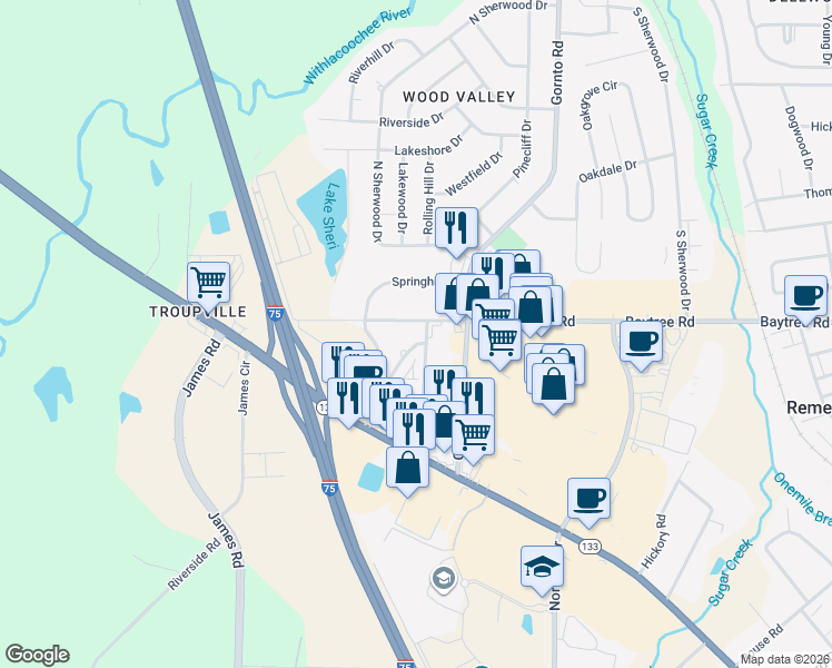 map of restaurants, bars, coffee shops, grocery stores, and more near 712 Spring Hill Place in Valdosta