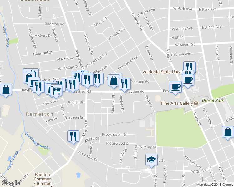map of restaurants, bars, coffee shops, grocery stores, and more near 701 Baytree Rd in Valdosta