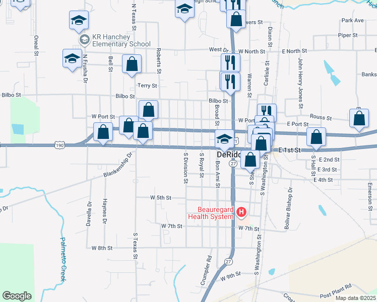 map of restaurants, bars, coffee shops, grocery stores, and more near 110 South Division Street in DeRidder