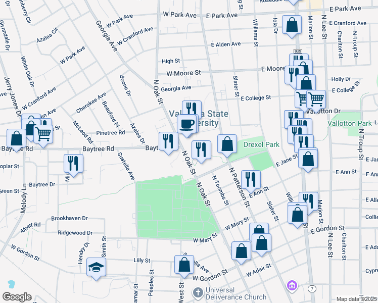 map of restaurants, bars, coffee shops, grocery stores, and more near 1500 North Patterson Street in Valdosta