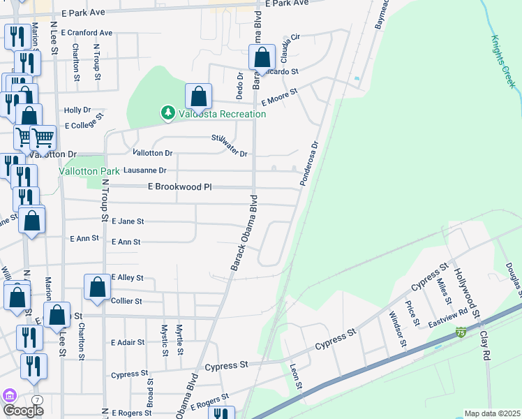 map of restaurants, bars, coffee shops, grocery stores, and more near 903 East Brookwood Drive in Valdosta