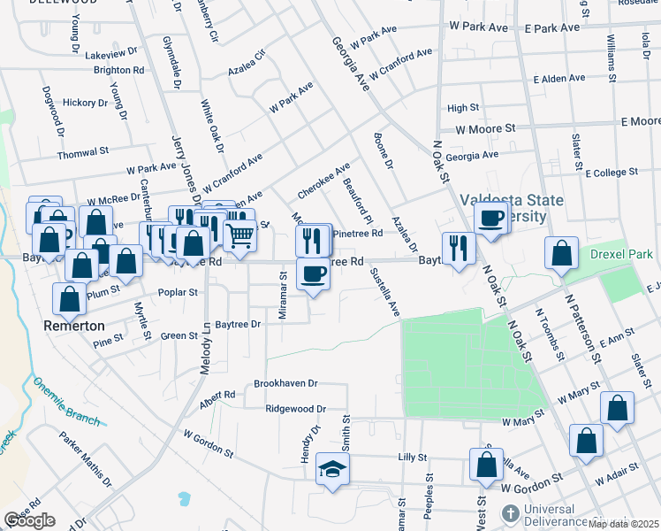map of restaurants, bars, coffee shops, grocery stores, and more near in Valdosta