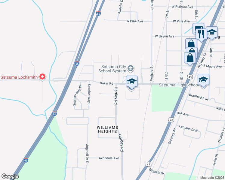 map of restaurants, bars, coffee shops, grocery stores, and more near 5404 Hartley Road in Satsuma