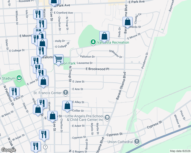 map of restaurants, bars, coffee shops, grocery stores, and more near 737 East Jane Street in Valdosta