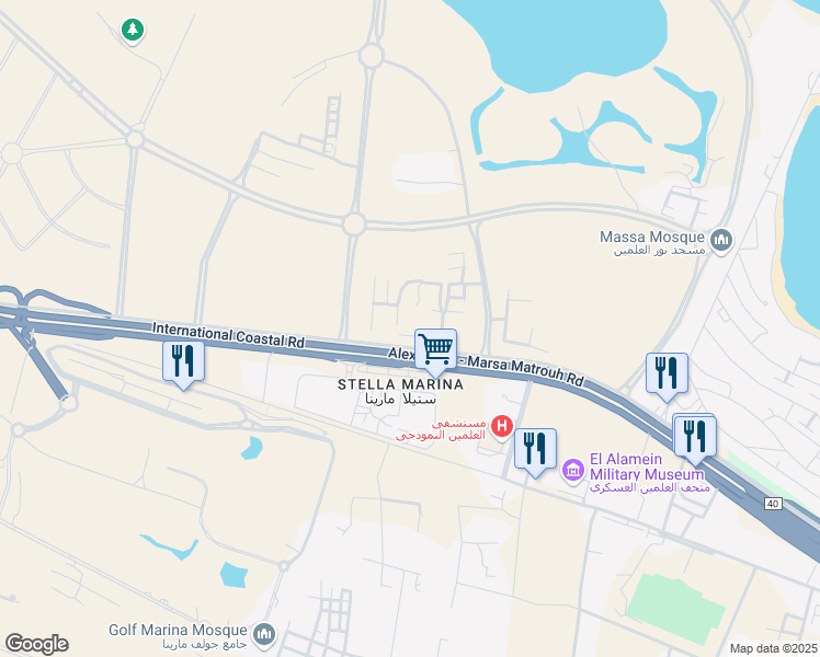 map of restaurants, bars, coffee shops, grocery stores, and more near Alexandria - Marsa Matrouh Road in Markaz Al Alamein