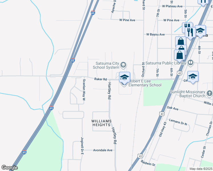 map of restaurants, bars, coffee shops, grocery stores, and more near 5419 Hartley Road in Satsuma