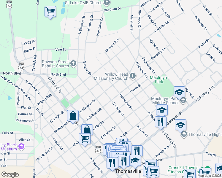 map of restaurants, bars, coffee shops, grocery stores, and more near 506 East Webster Street in Thomasville