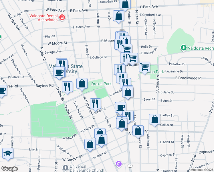 map of restaurants, bars, coffee shops, grocery stores, and more near 1407 Williams Street in Valdosta