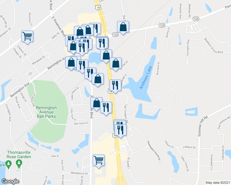 map of restaurants, bars, coffee shops, grocery stores, and more near 241 Timber Ridge Drive in Thomasville