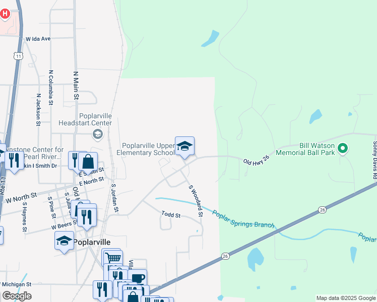 map of restaurants, bars, coffee shops, grocery stores, and more near Todd Circle in Poplarville