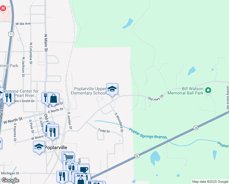 map of restaurants, bars, coffee shops, grocery stores, and more near Todd Circle in Poplarville