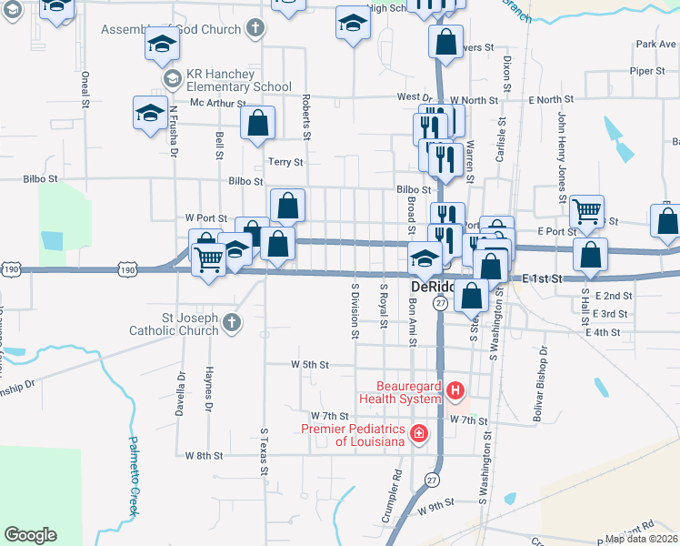 map of restaurants, bars, coffee shops, grocery stores, and more near 101 Persian Alley in DeRidder
