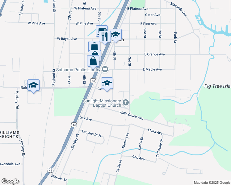 map of restaurants, bars, coffee shops, grocery stores, and more near Cedar Ave in Satsuma