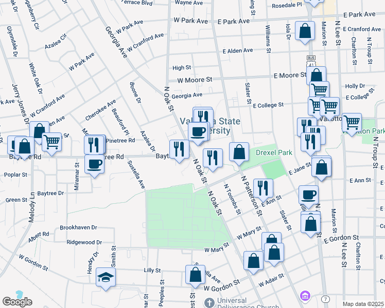 map of restaurants, bars, coffee shops, grocery stores, and more near 1500 North Oak Street in Valdosta