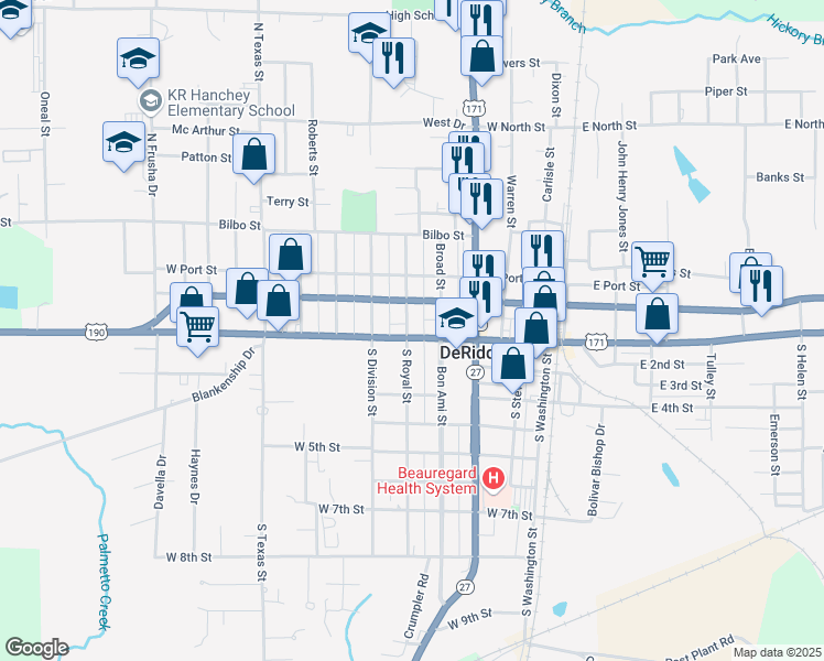 map of restaurants, bars, coffee shops, grocery stores, and more near 500 West 1st Street in DeRidder