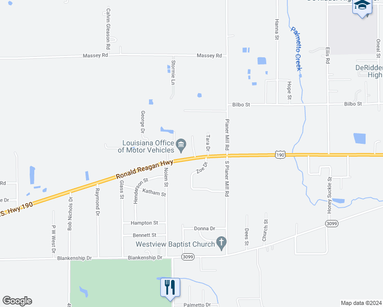 map of restaurants, bars, coffee shops, grocery stores, and more near 121 Zoe Drive in DeRidder