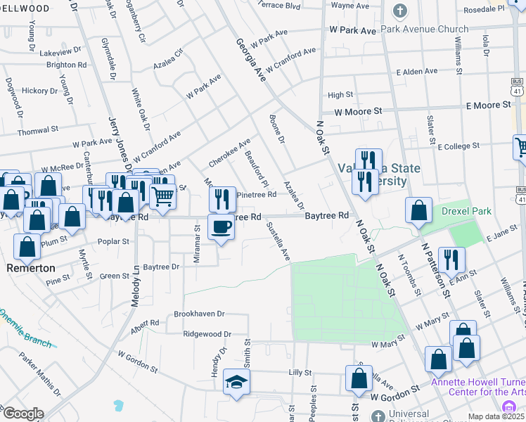 map of restaurants, bars, coffee shops, grocery stores, and more near 416 Baytree Road in Valdosta