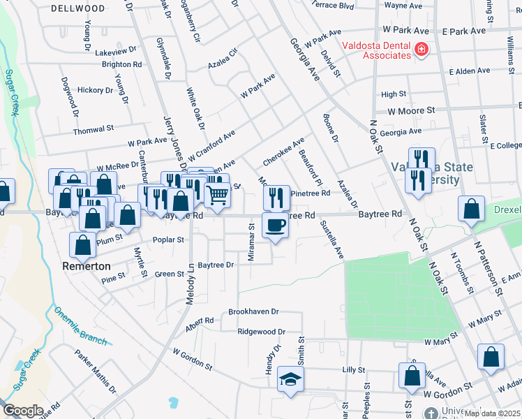 map of restaurants, bars, coffee shops, grocery stores, and more near 903 Cherokee Street in Valdosta
