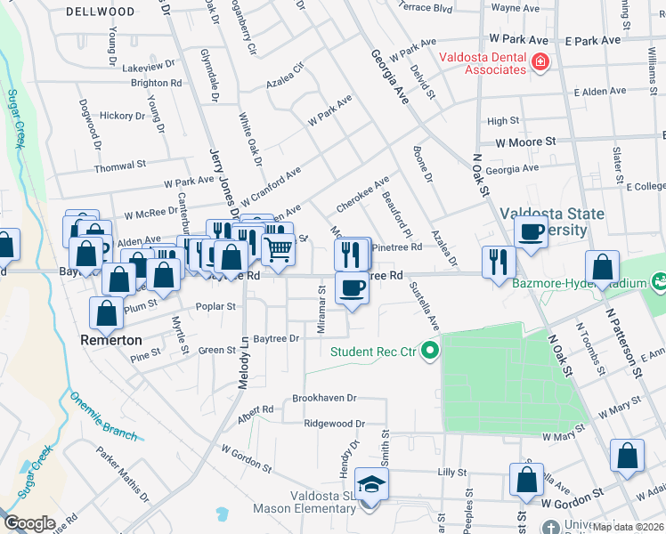map of restaurants, bars, coffee shops, grocery stores, and more near 903 Cherokee Street in Valdosta