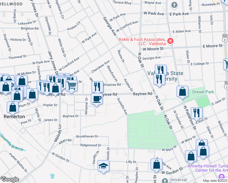 map of restaurants, bars, coffee shops, grocery stores, and more near 416 Baytree Road in Valdosta