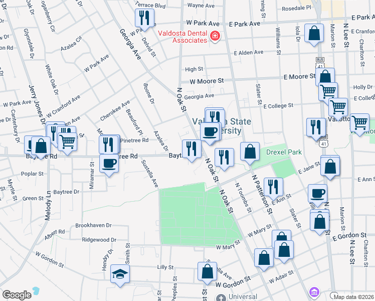 map of restaurants, bars, coffee shops, grocery stores, and more near 304 Baytree Road in Valdosta
