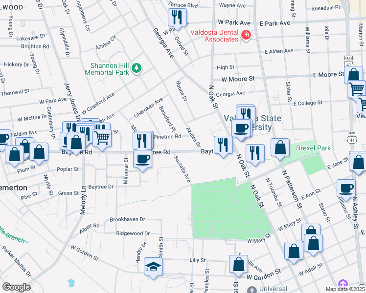 map of restaurants, bars, coffee shops, grocery stores, and more near 405 Pinetree Road in Valdosta