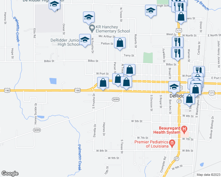 map of restaurants, bars, coffee shops, grocery stores, and more near 1030 West 1st Street in DeRidder