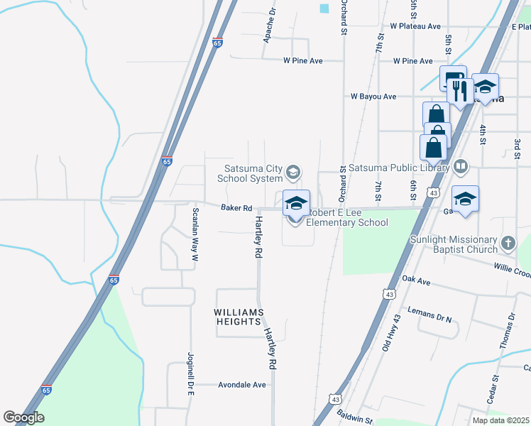 map of restaurants, bars, coffee shops, grocery stores, and more near 281 Baker Road in Satsuma