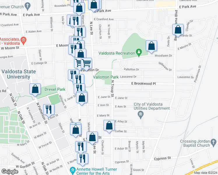 map of restaurants, bars, coffee shops, grocery stores, and more near 620 East Brookwood Drive in Valdosta