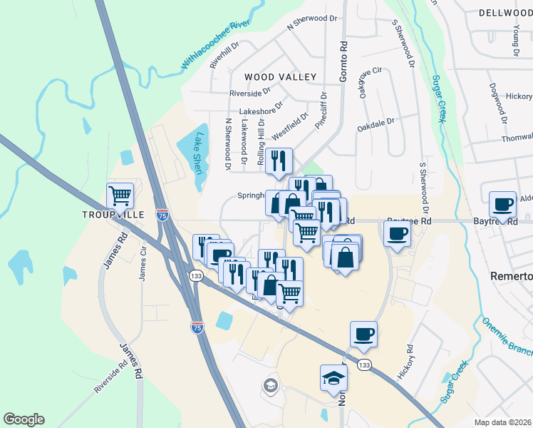 map of restaurants, bars, coffee shops, grocery stores, and more near 2005 Baytree Rd in Valdosta